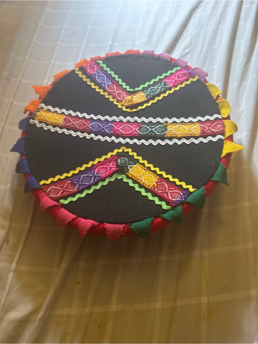 Handcrafted Black Round Indigenous  Peruvian Montara Pouf with Multicolor Trim
